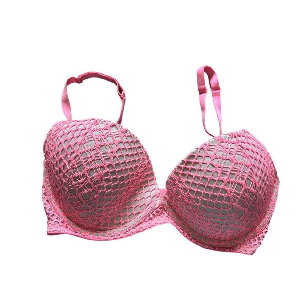 Pink Fishnet Bra Plunge‎ Push-Up Adjustable Straps Sexy Lingerie Top